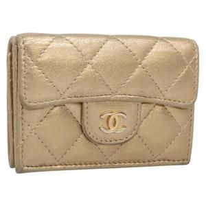 CHANEL Matelasse Compact Wallet Lamb Skin Gold CC Auth 136328
